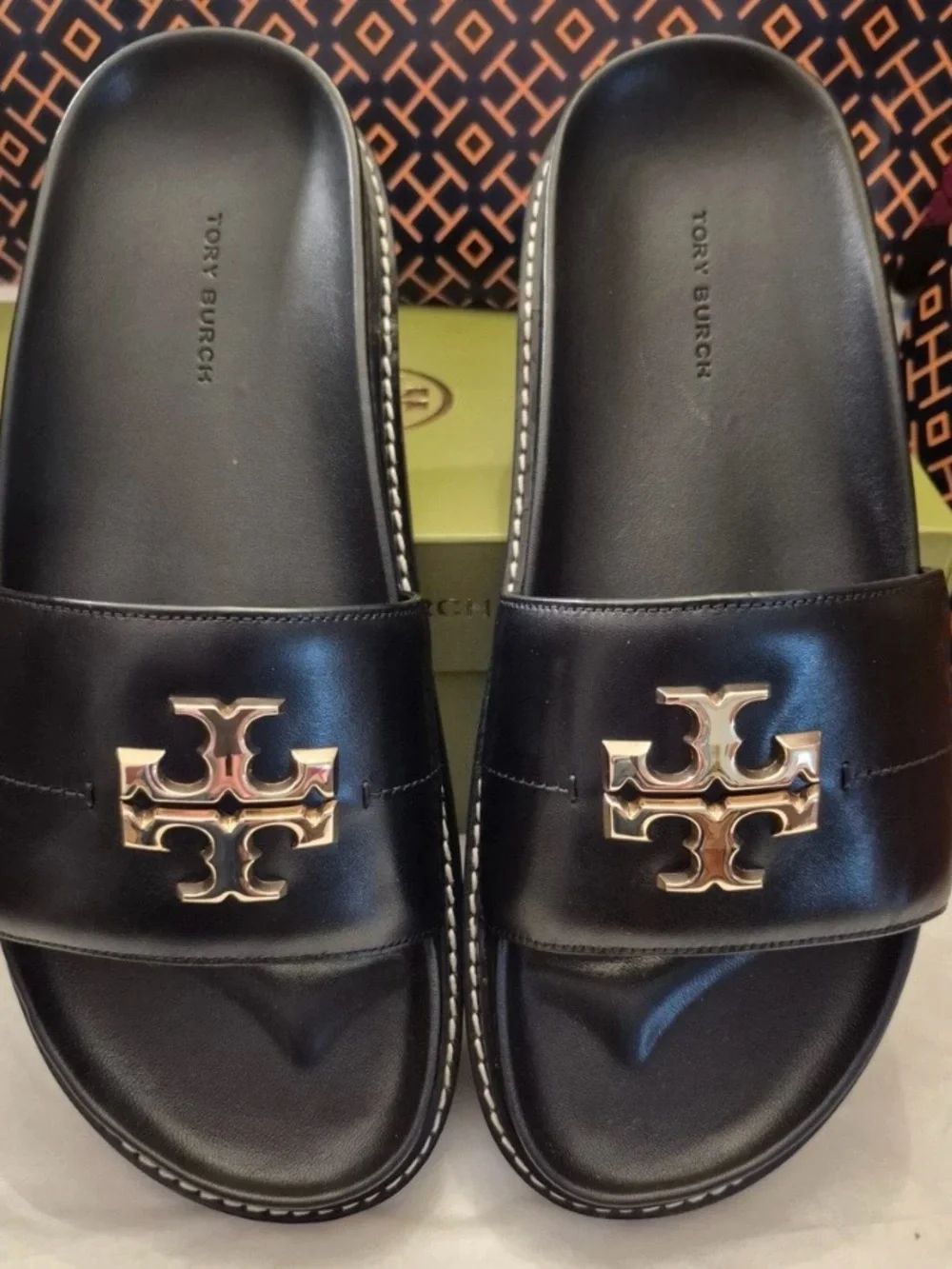 Tory Burch Black Leather Slide Sandals with Gold Logo Accent